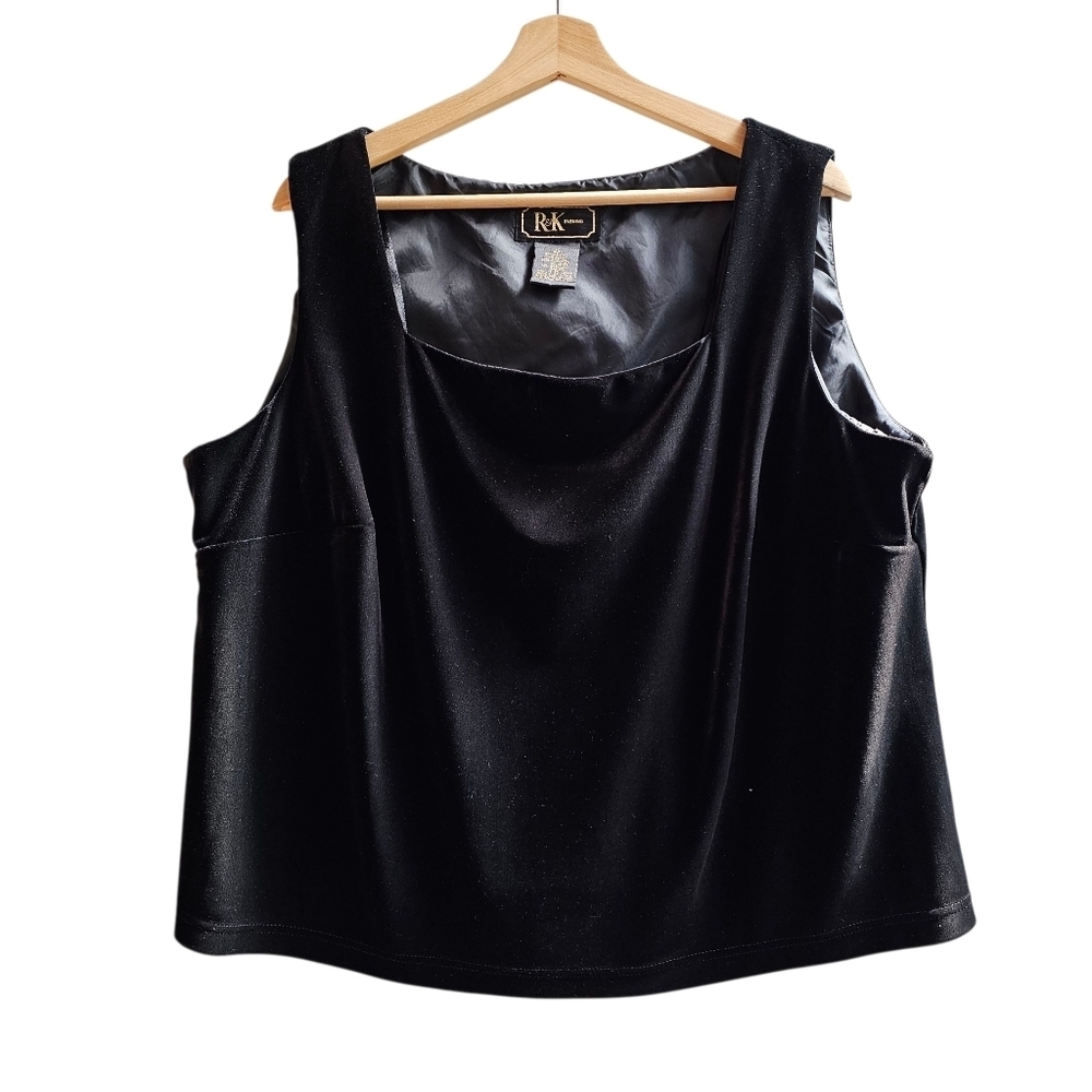 R&K Evening Vintage Velvet Square Neck Tank Top in Black, Size 2X